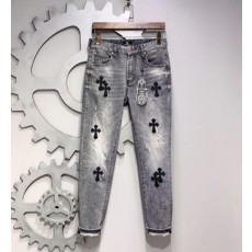 크* 십자가 가죽 덧댐 그레이 청바지
