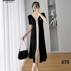 배색 Y넥 롱 원피스