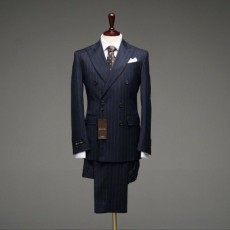 구* 스트라이프 울혼방 나폴리 테일러드 라펠 호스티치 더블 셋업수트