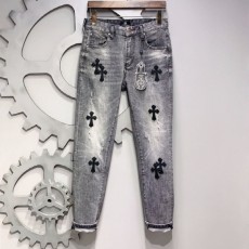 크* 십자가 가죽 덧댐 그레이 청바지